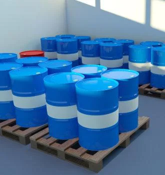 barrels on pallets. warehouse for chemical products. metal barre
